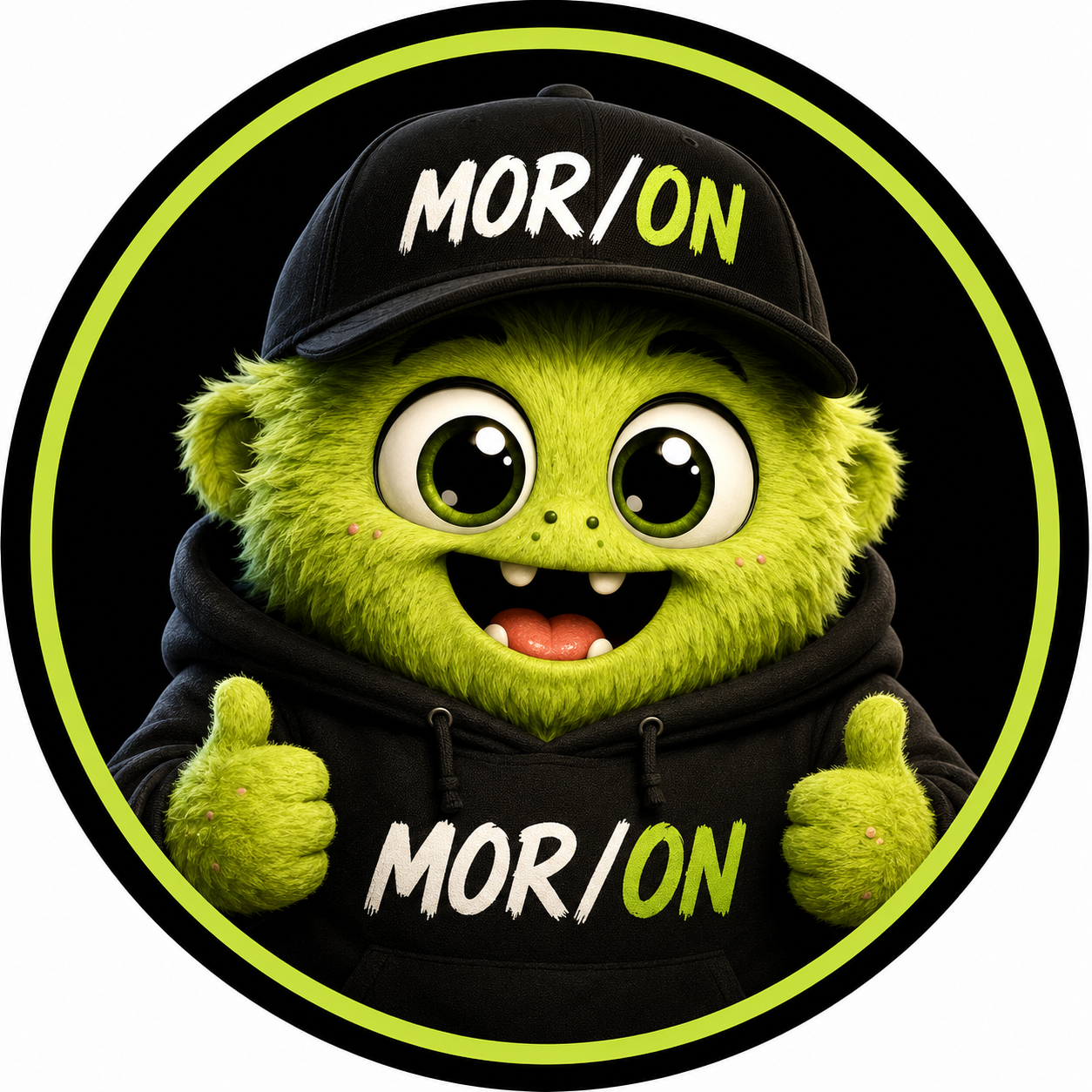 MOR, a fuzzy lime-green mascot in a black MOR/ON cap and hoodie